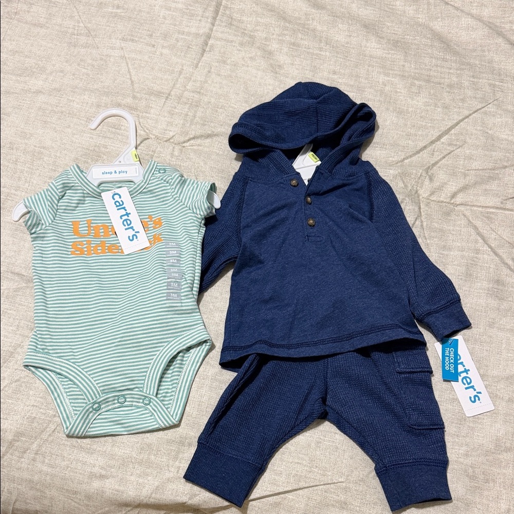 Carter's Navy Hoodie Set with Green Striped Onesie
